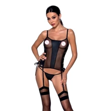 Сітчастий корсет з еко-шкіри, з люверсами та знімними пажами Passion Malwia Corset black XXL/XXXL (стрінги в комплекті): Для кого Для женщин