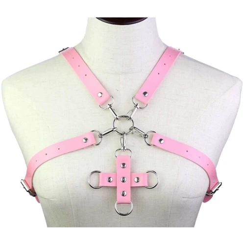 Портупея с фиксатором Women's PU Leather Chest Harness Caged Bra PINK