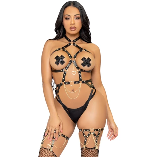 Портупея-тедді з екошкіри Leg Avenue Heart ring harness teddy Black M