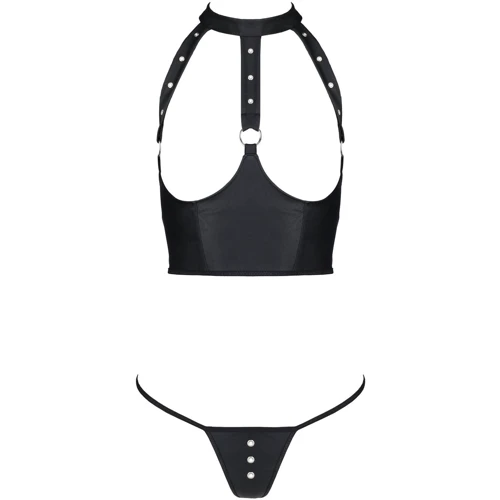 Комплект белья с открытой грудью Passion GENEVIA SET WITH OPEN BRA Black S/M: Декор Люверсы