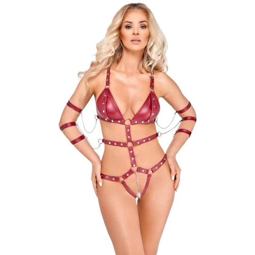 Боді із фіксаторами для рук Orion Bad Kitty Strap Body Red, XL: Декор Ланцюжок, Заклепки