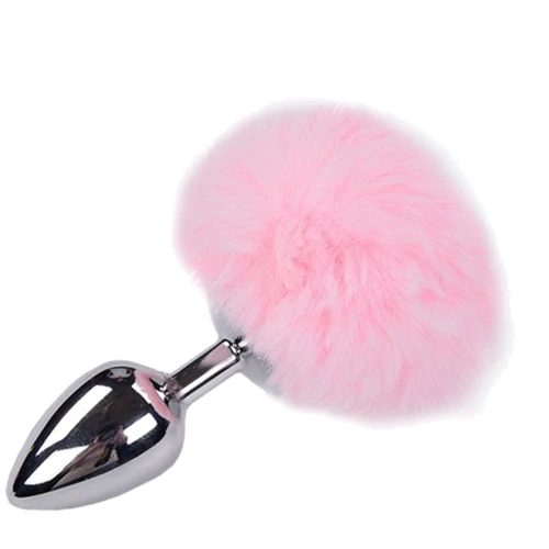 Металлическая анальная пробка Кроличий хвостик Alive Fluffly Plug L Pink