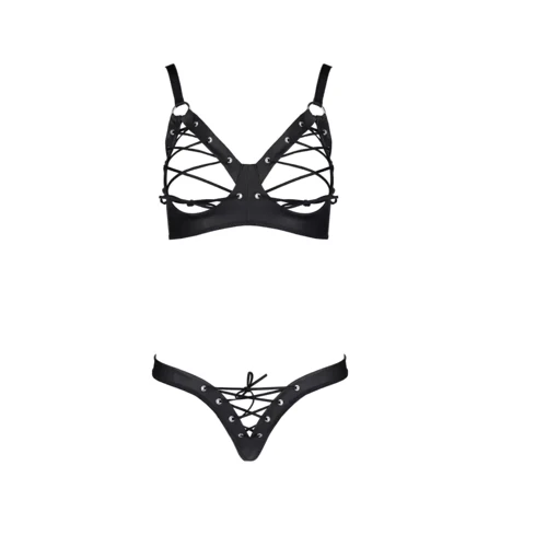 Комплект из экокожи Celine Bikini 4XL/5XL — Passion: открытый бра с лентами, стринги со шнуровкой: Вид Комплекты
