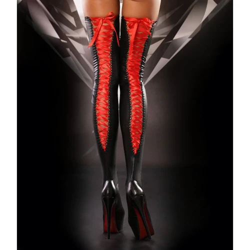 Чулки со шнуровкой Lolitta Lacing Stockings, черные с красным S/M