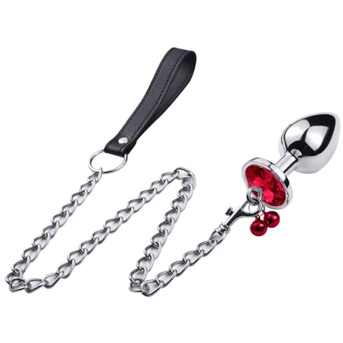Анальная пробка с кристаллом, колокольчиком и поводком Silver RED (размер L)