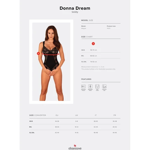 Мереживне боді Obsessive Donna Dream crotchless teddy XL/2XL Black: Декор Кружево