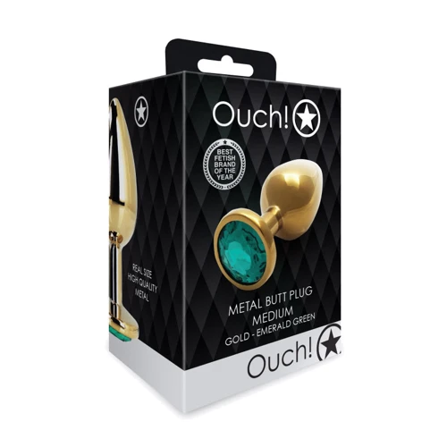 Металевий анальний затор Ouch! Heart Gem Gold - Emerald Green, М: Тип Анальные пробки