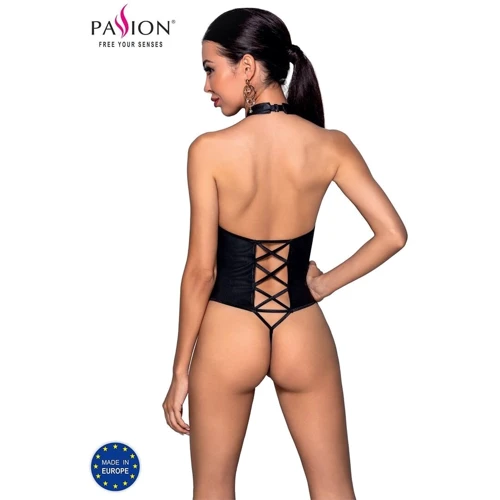 Боди из эко-кожи с имитацией шнуровки и открытым доступом Passion NANCY BODY black, S/M: Применение На тело