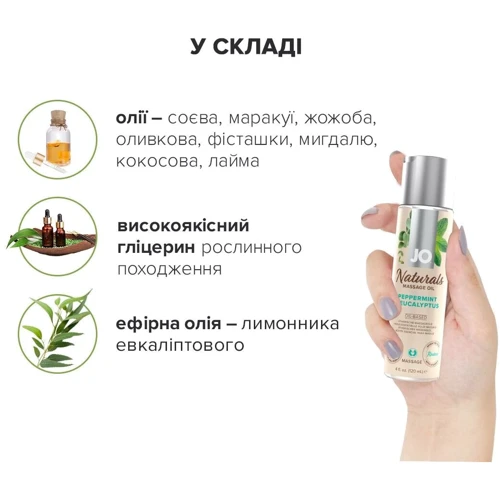 Массажное масло System JO Naturals Massage Oil Peppermint&Eucalyptus с натуральными эфирными маслами (120 мл): Эффект Увлажняющий