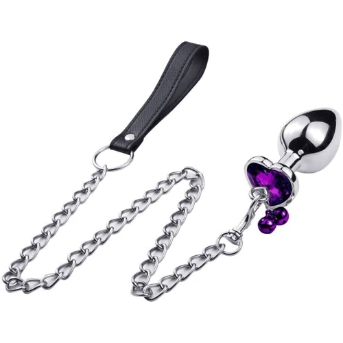 Анальная пробка с кристаллом, колокольчиком и поводком Silver Heart Purple (размер M)