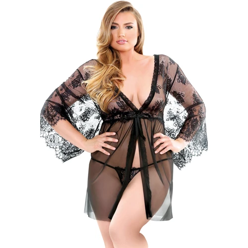 Черный пеньюар с кружевом и стринги Fantasy Lingerie, XL/XXL