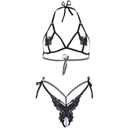 Комплект Leg Avenue Open cup bra and pearl panty Black: Декор Жемчуг, Аппликация
