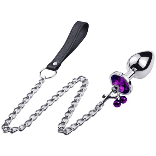 Анальна пробка з кристалом, дзвіночком і повідцем Silver Purple (розмір S)