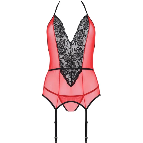 Корсет з пажами для панчох Passion PEONIA CORSET Red S/M (стрінги в наборі): Матеріал Полиэстер