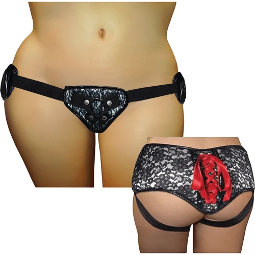 Труси для страпона Sportsheets - Plus Grey & Black Lace Corsette Strap On
