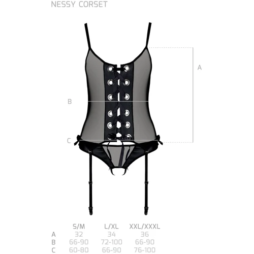 Корсет со шнуровкой Passion NESSY CORSET Вlack S/M (стринги в наборе): Декор Бант, Шнуровка