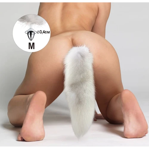 Металлическая анальная пробка с хвостом из натурального меха Art of Sex size M White fox: Материал Медицинский металл