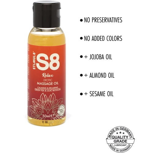 S8 Massage Oil масло для еротичного масажу, 50 мл, зелений чай і бузковий колір: Ефект Розслабляючий