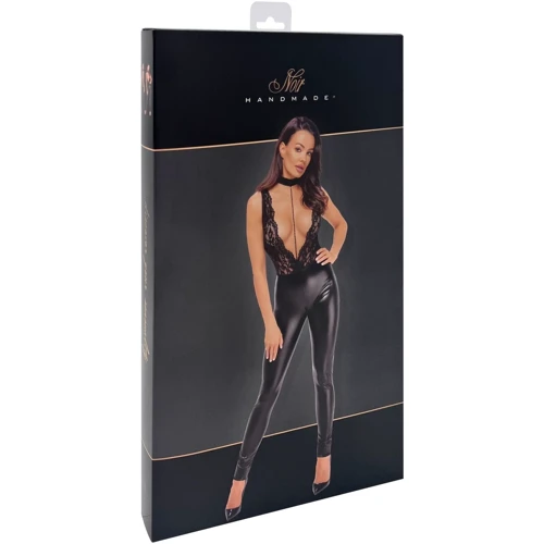 Комбинезон Noir Handmade F298 Libido Deep-V catsuit with collar and pearl chain Black, S: Размер S