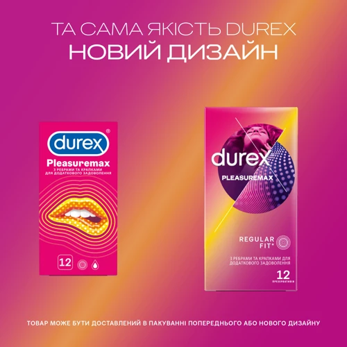 Презервативы латексные со смазкой Durex №12 Pleasuremax с рельефными ребрами и пупырышками: Длина, мм 195