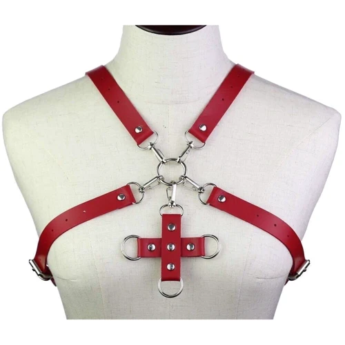 Портупея с фиксатором Women's PU Leather Chest Harness Caged Bra RED