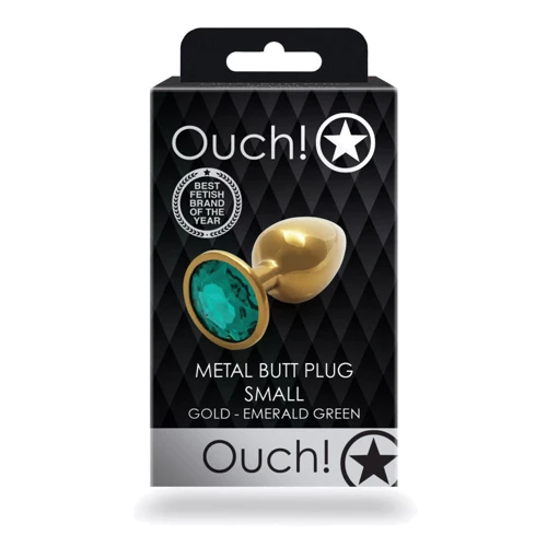 Металлическая анальная пробка Ouch! Heart Gem Gold - Emerald Green, S: Особенности С кристаллами