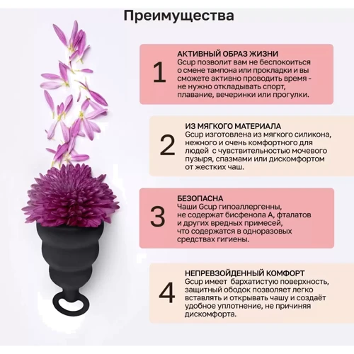 Силиконовая менструальная чаша с защитой от протечек Gvibe Gcup Black, 10 мл (чёрный) фото 7
