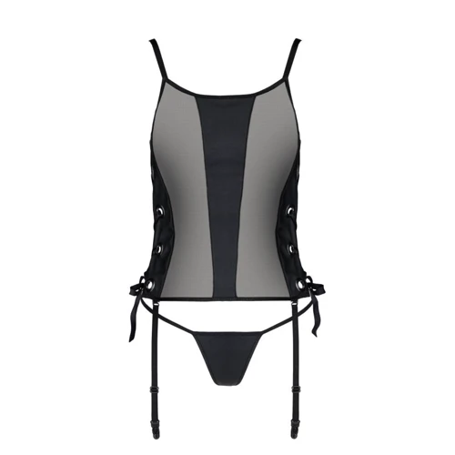 Сетчатый корсет из эко-кожи, с люверсами и съемными пажами Passion Malwia Corset black 6XL/7XL (стринги в комплекте): Применение На тело