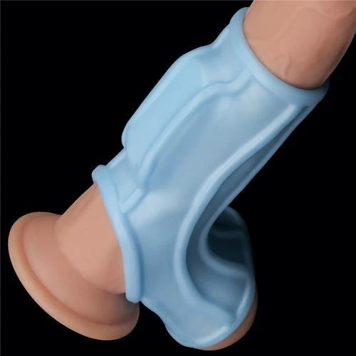Насадка на член LoveToy Knights Ring Vibrating Ridge With Scrotum Sleeve Blue: Наличие вибрации Есть