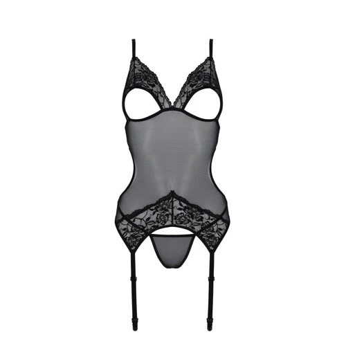 Корсет Passion Christa Corset black S/M: с подвязками и ажурным лифом, стринги в комплекте: Применение На тело