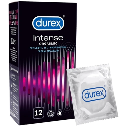 Акційний набір для закоханих Durex Презервативи латексні зі змазкою Intense Orgasmic № 12 + Інтимний гель-змазка, INTENSE ORGASMIC 10 ml: Властивості Зволожуючі, Зігріваючі, Охолоджуючі, Збуджуючі