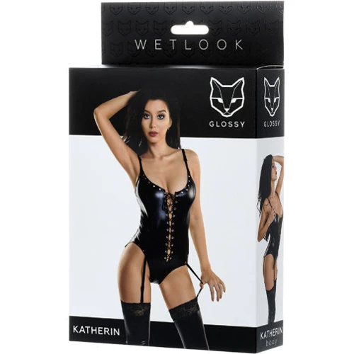 Боди Glossy Wetlook Katherin, L (black): Декор Люверсы, Шнуровка