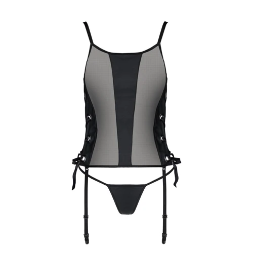 Сітчастий корсет з еко-шкіри, з люверсами та знімними пажами Passion Malwia Corset black XXL/XXXL (стрінги в комплекті): Вид Комплекты
