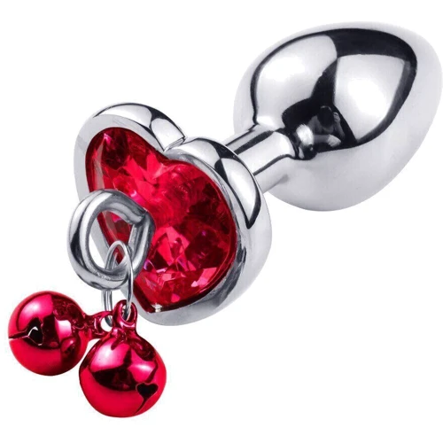 Анальная пробка с кристаллом и колокольчиком Silver Heart RED (размер M)