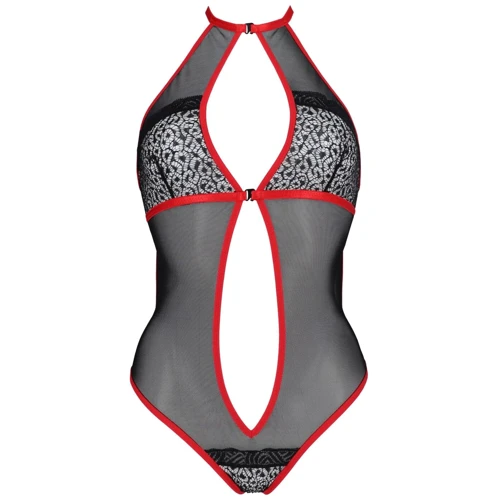 Сетчатое боди с кружевом на груди Passion SATARA BODY Black/Red L/XL: Вид Боди