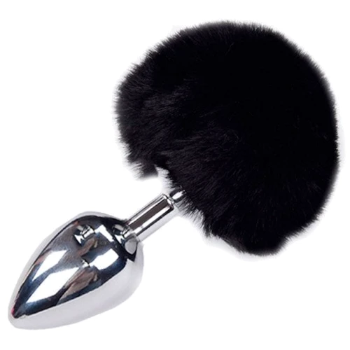 Металлическая анальная пробка Кроличий хвостик Alive Fluffly Plug L Black