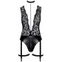 Боди Noir Handmade F297 Libido Deep-V bodysuit with collar, pearl chain and garter Black, 3XL: Декор Шнуровка, Кружево